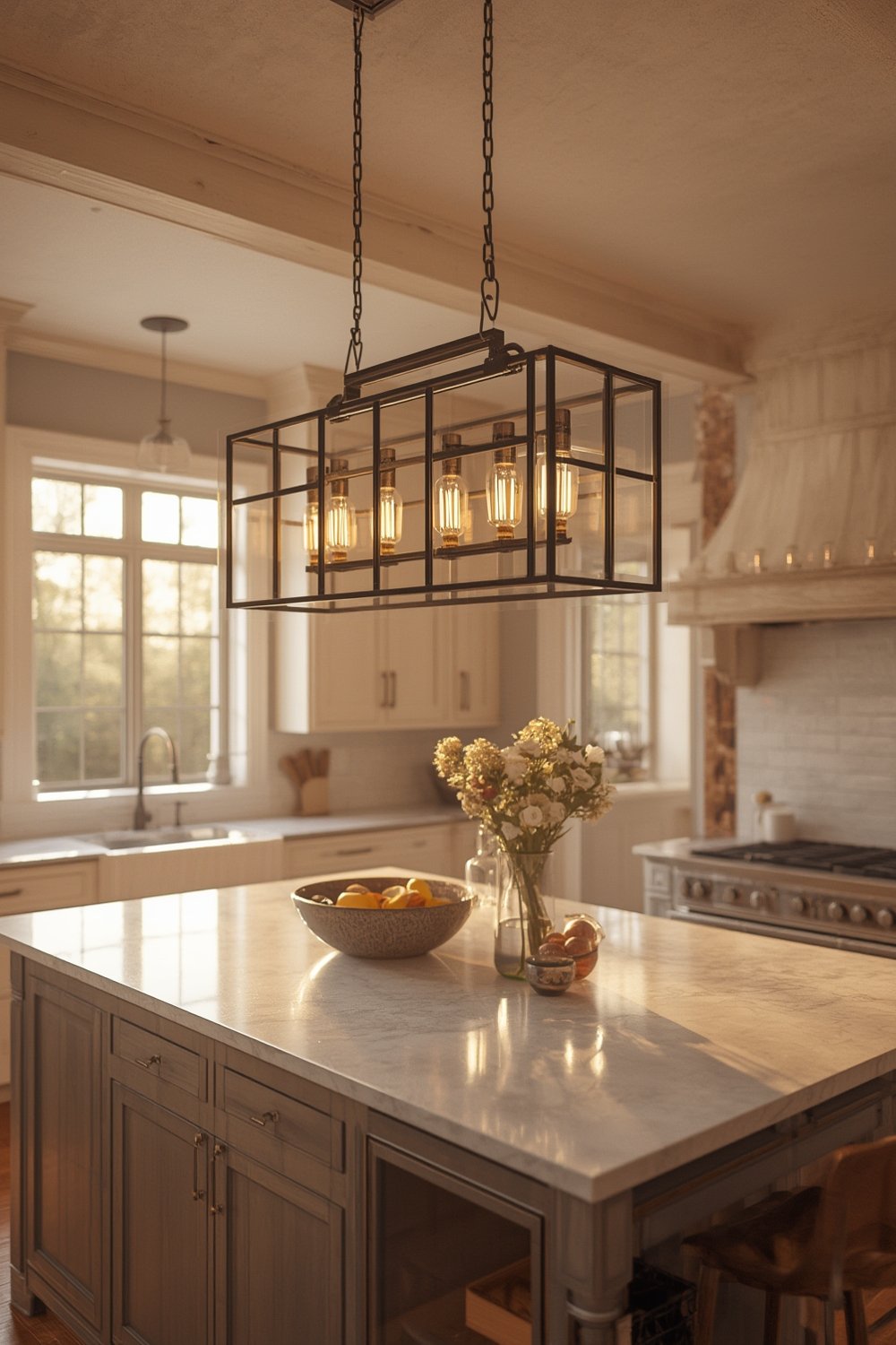 farmhouse chandelier installed above kitchen island with warm lighting