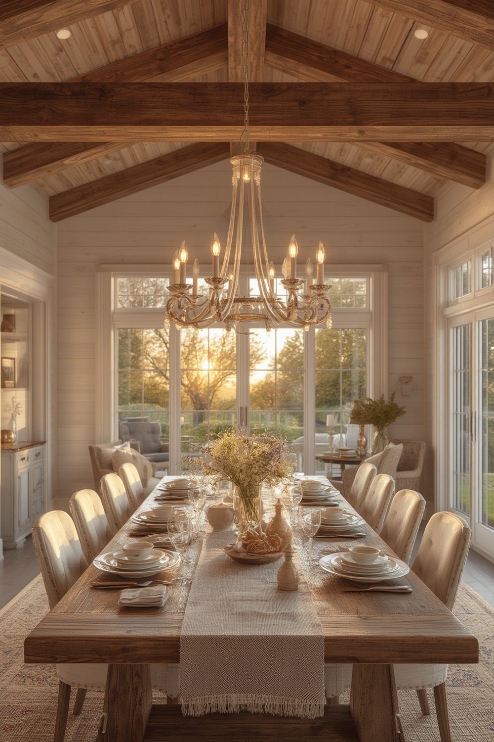 farmhouse chandelier in rustic dining room setting