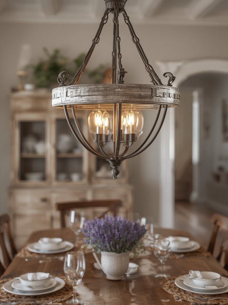 french country lighting style chandelier above dining table