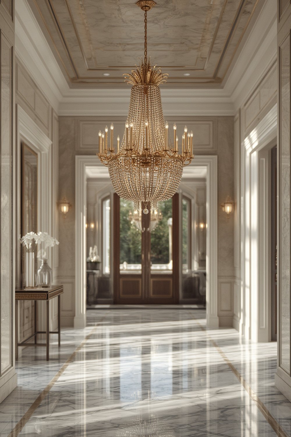 gold chandelier in elegant foyer with 4-light chandelier and clear glass shade