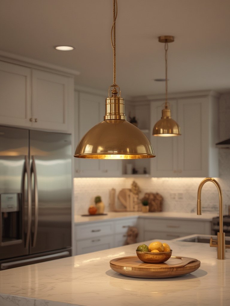gold island light highlighting kitchen decor