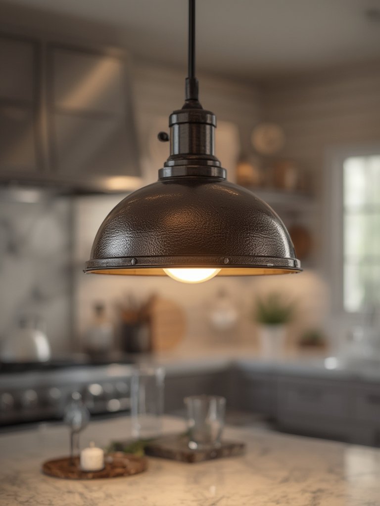 industrial lighting detail with metal shade pendant