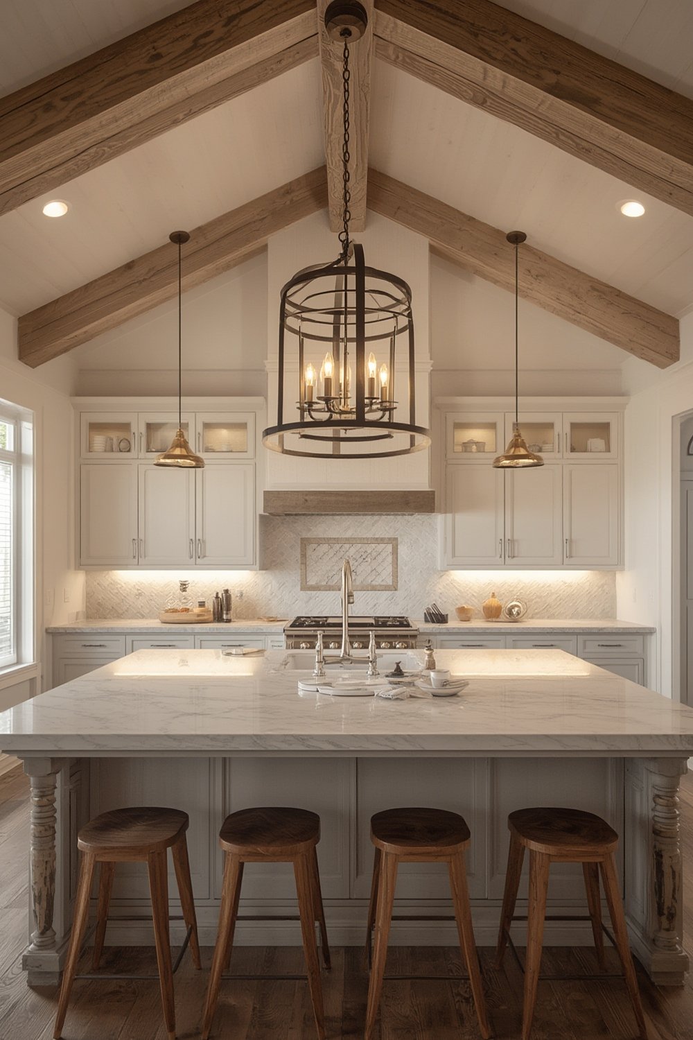lantern chandelier in a rustic kitchen setting