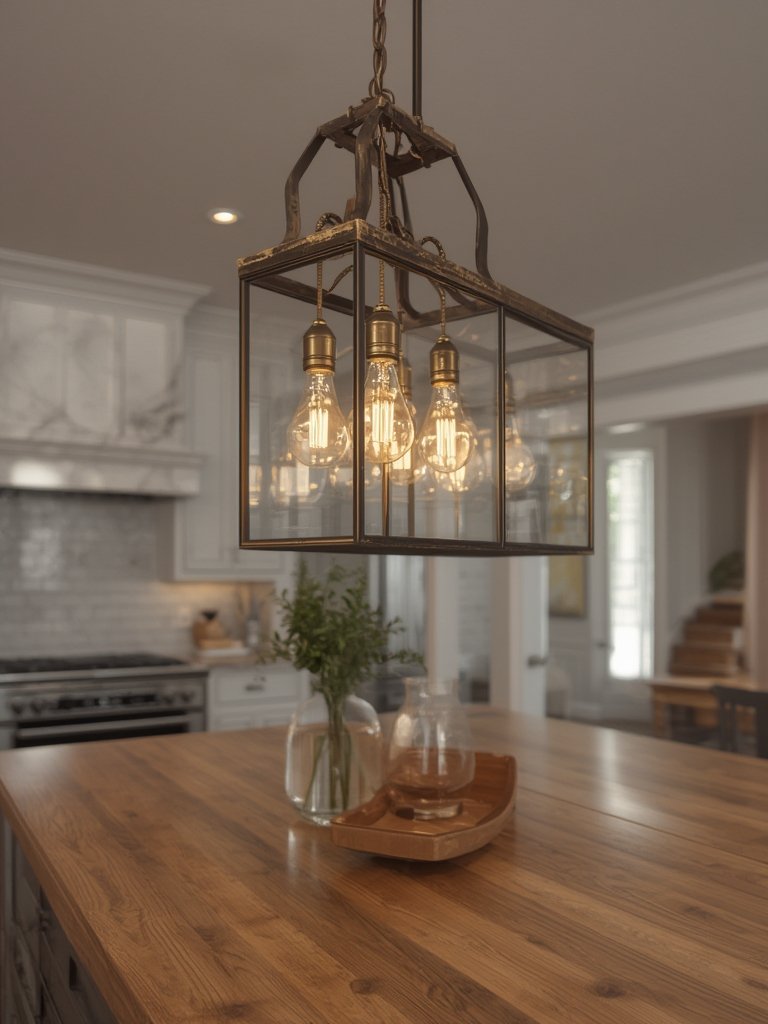 linear lantern metal cage chandelier hanging above modern dining room table