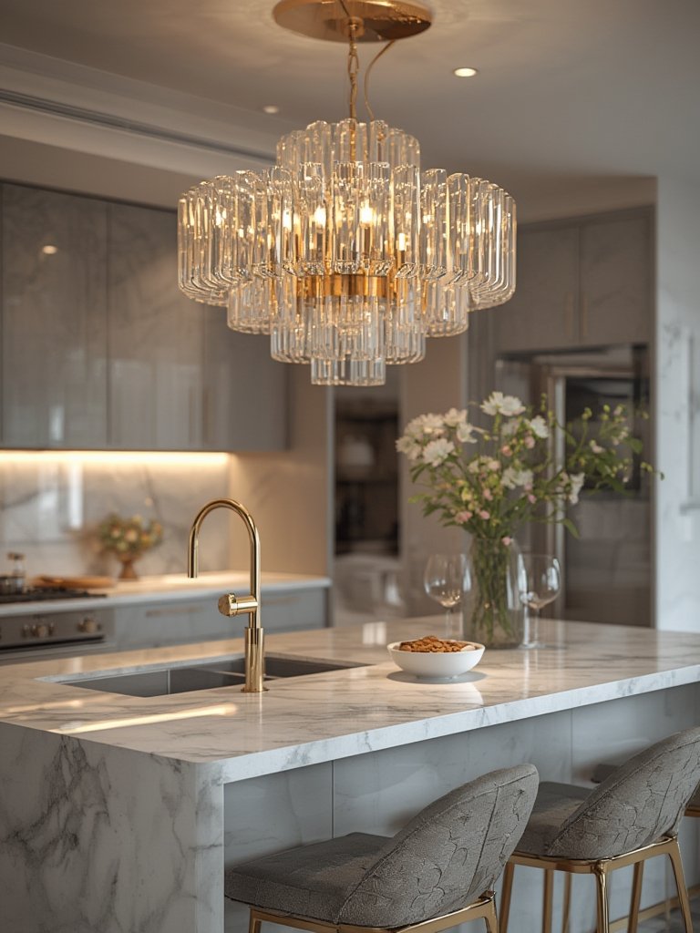 modern gold chandelier in a kitchen island setting
