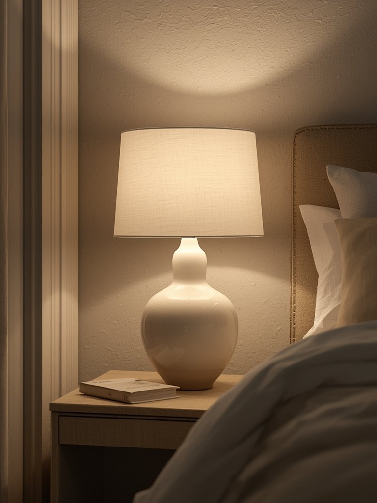modern table lamp in bedroom setting with white drum shade