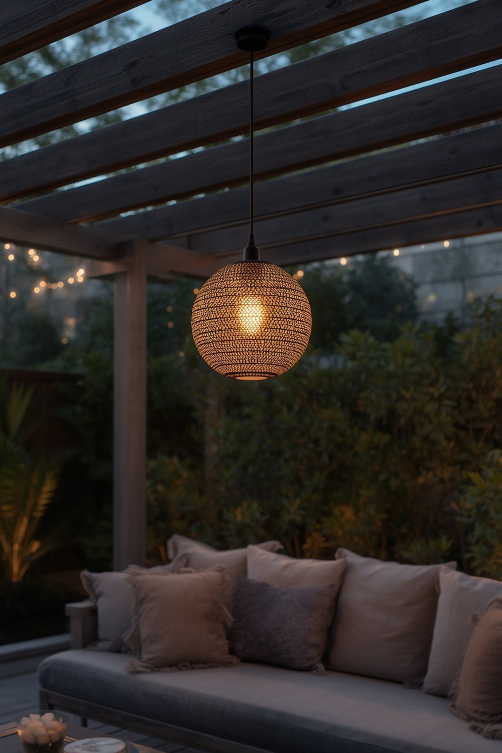 outdoor pendant in use on a patio creating cozy ambiance