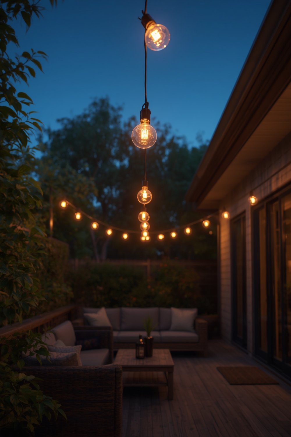 outdoor string lighting illuminating backyard deck