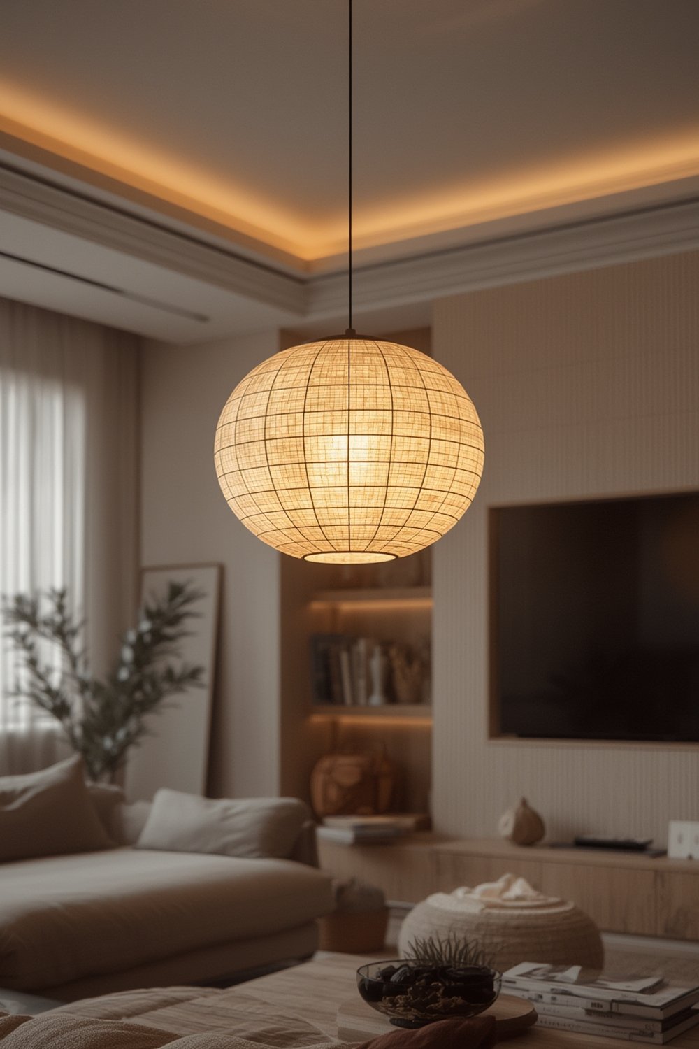 pendant light installed in a modern living room, providing ambient glow