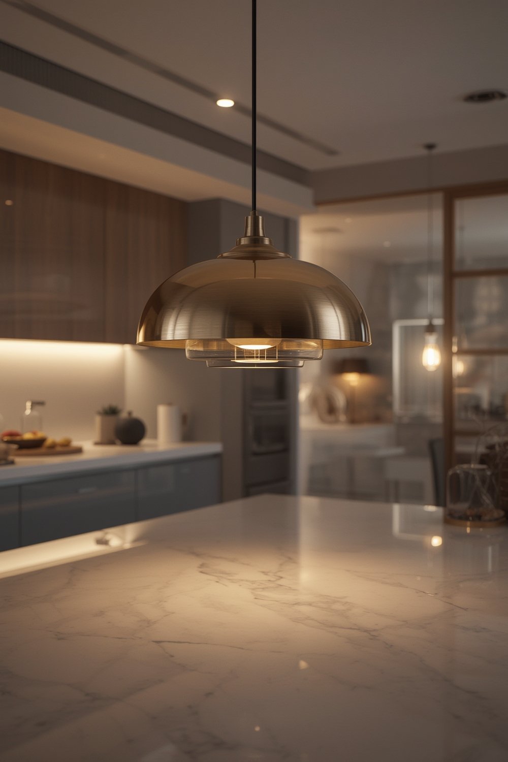 pendant light installed in a modern kitchen island setting