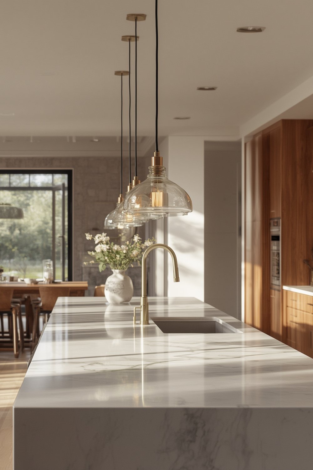 pendant lighting installed in modern kitchen with gold mount fixture and clear hand-blown shade