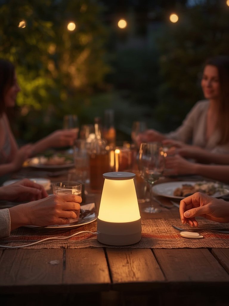 portable LED lantern table lamp next to patio seating
