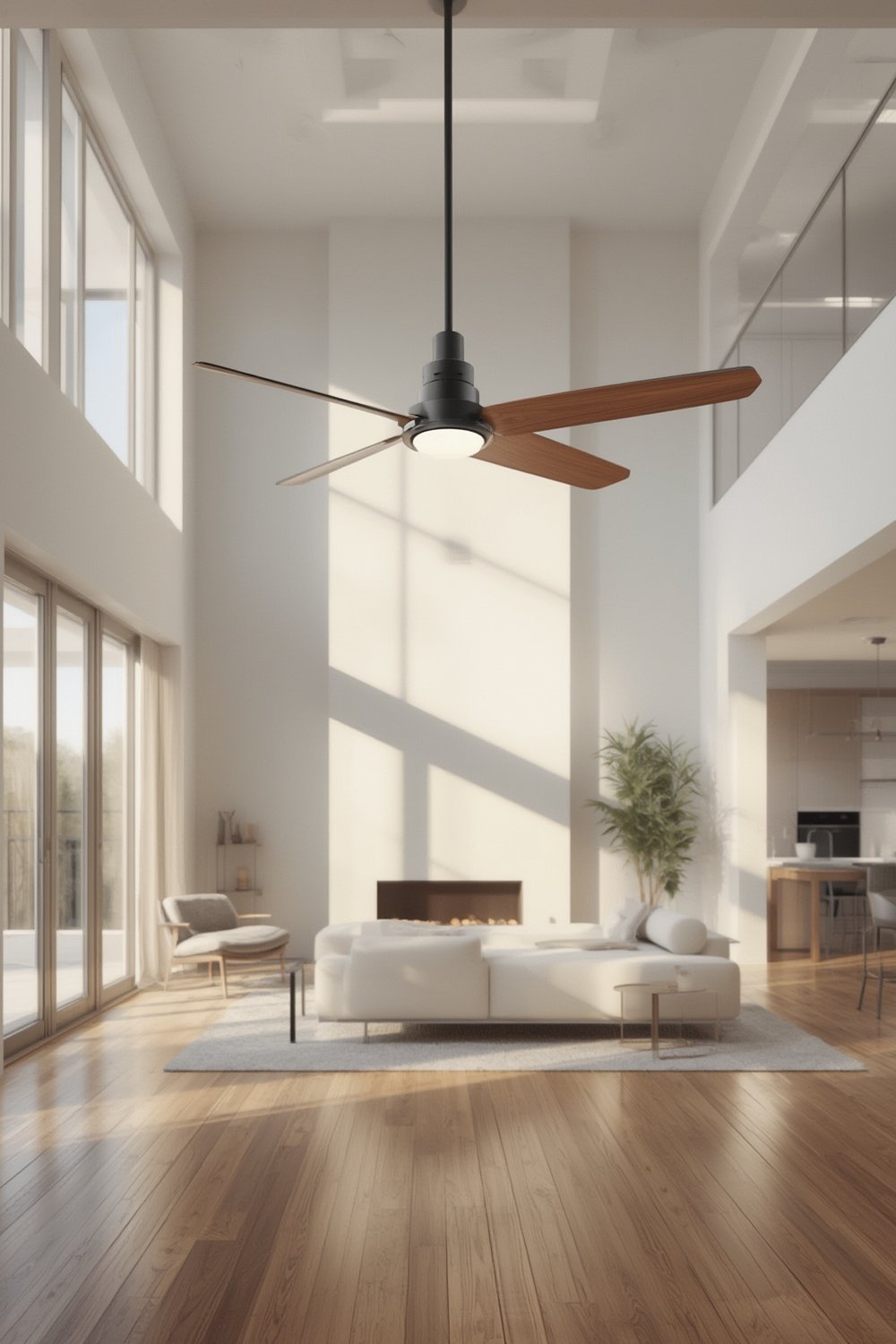 Retractable fan with LED and invisible blades in living room