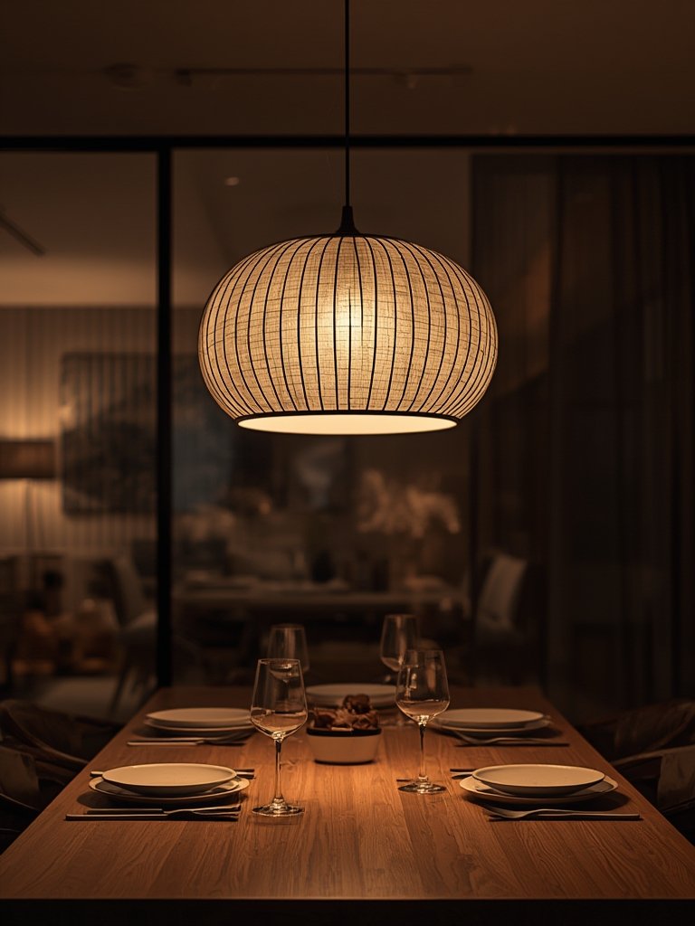 closeup of rice paper shade and bamboo ribs on pendant light