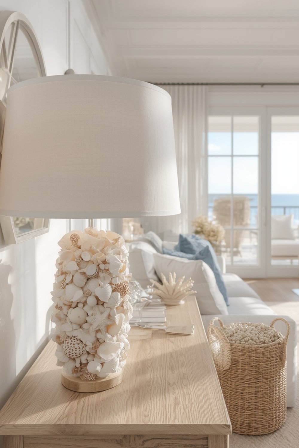 seashell lamp with white drum shade in coastal living room
