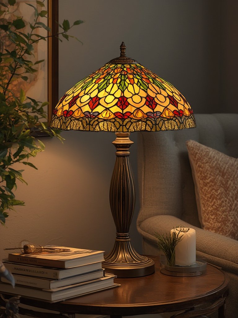 stained glass lamp detail on bronze table lamp