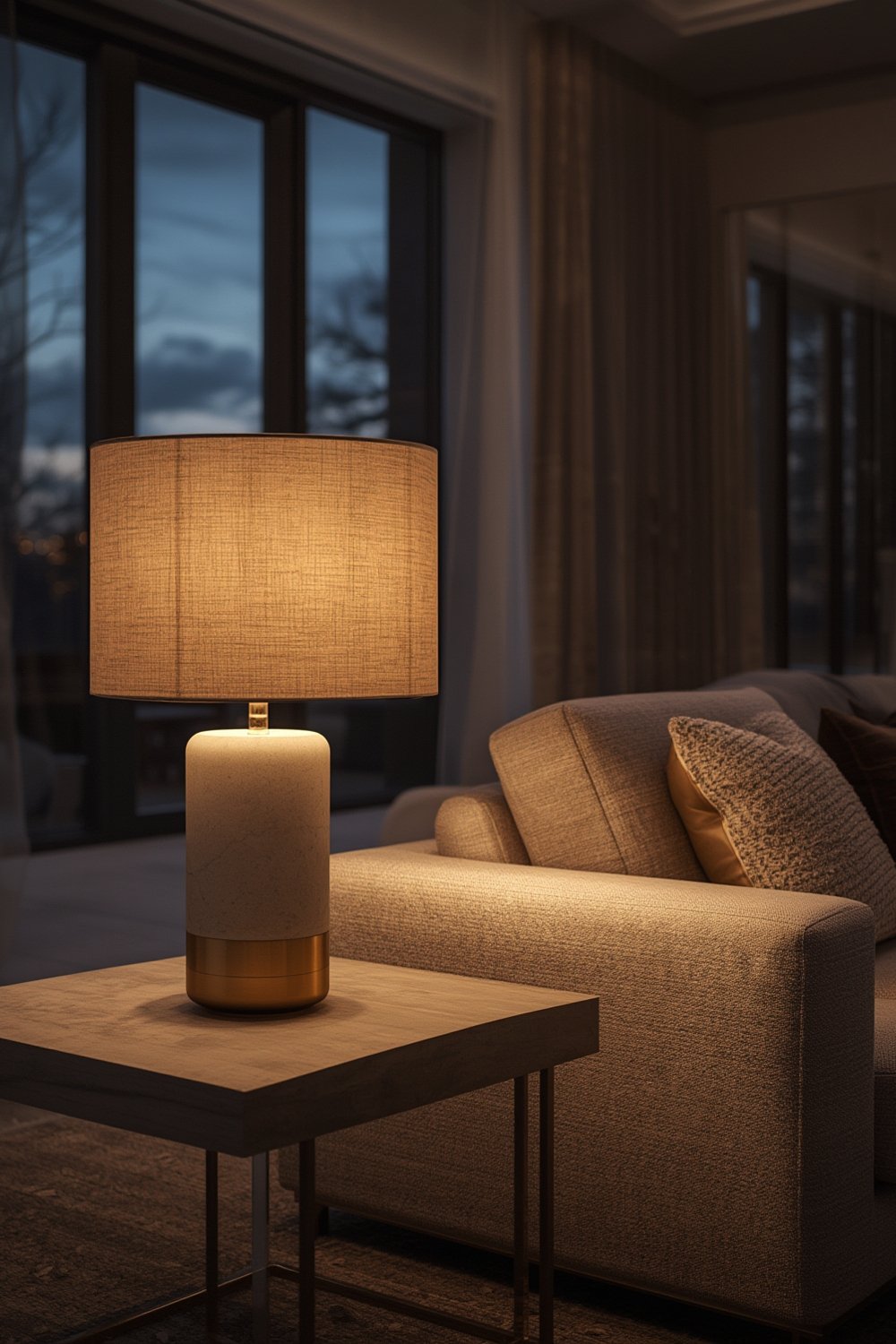 table lamp with gray and brass finish in modern living room