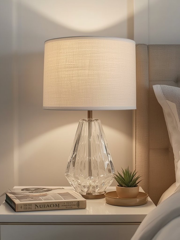 modern crystal table lamp on entryway table with cotton shade