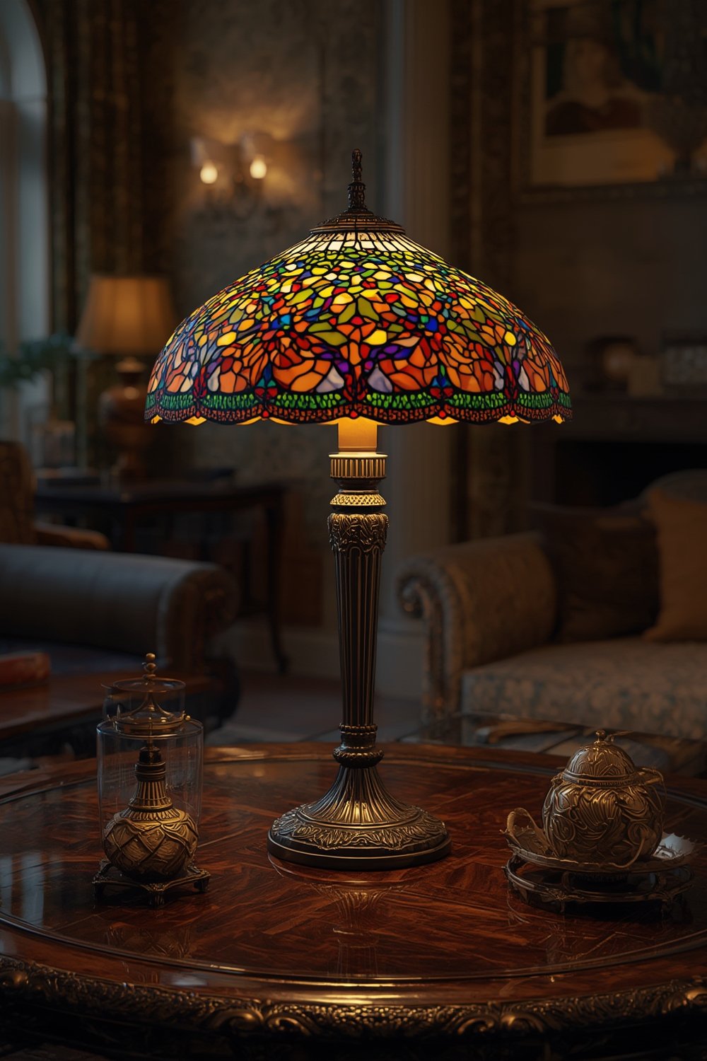 tiffany lamp in use on coffee table