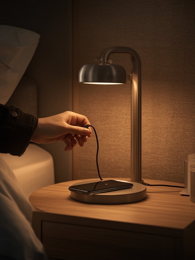 usb table lamp with phone charging on nightstand