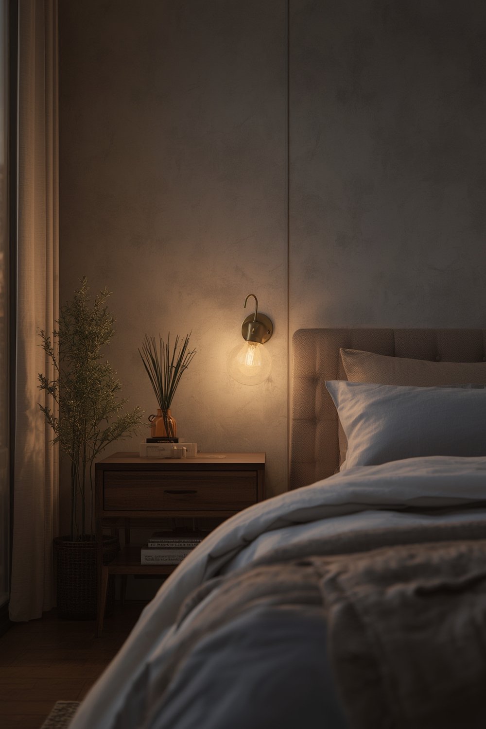 wall sconce - modern wall lamp with brass back plate and cotton shade in a reading nook