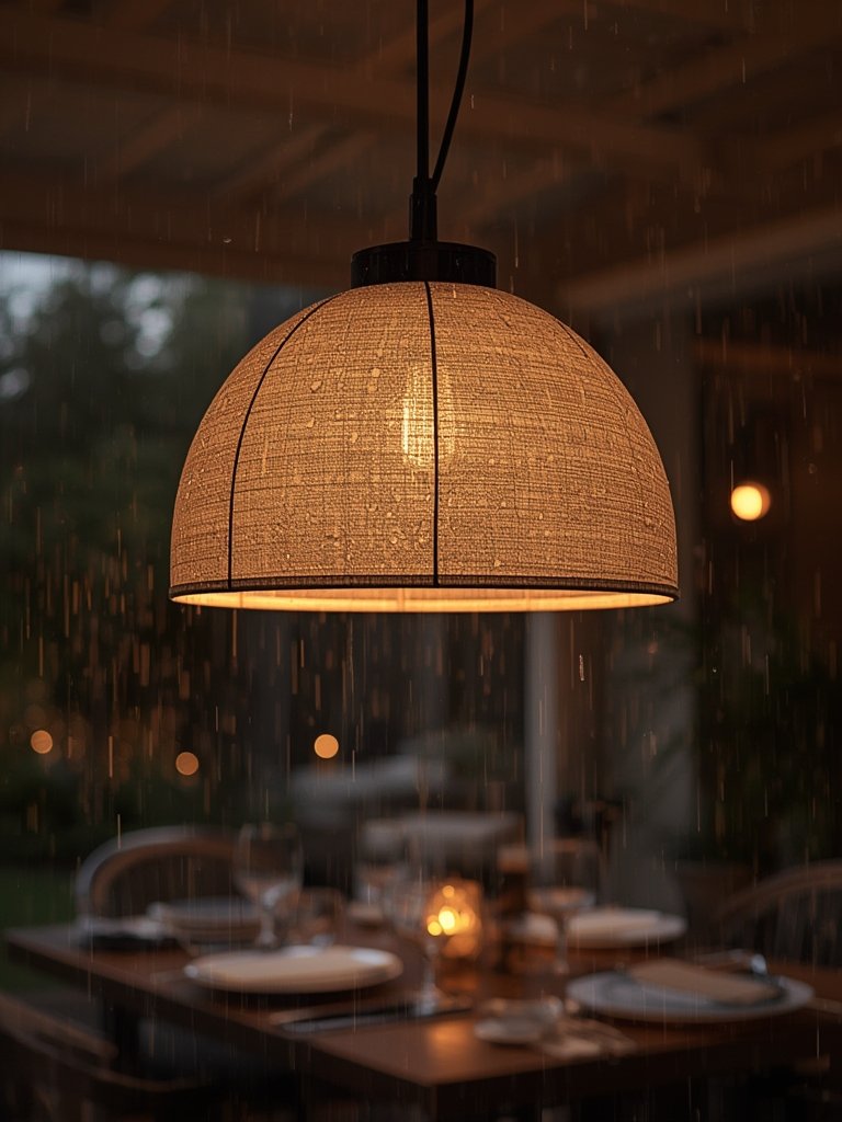 weather resistant light pendant close up fabric shade outdoor