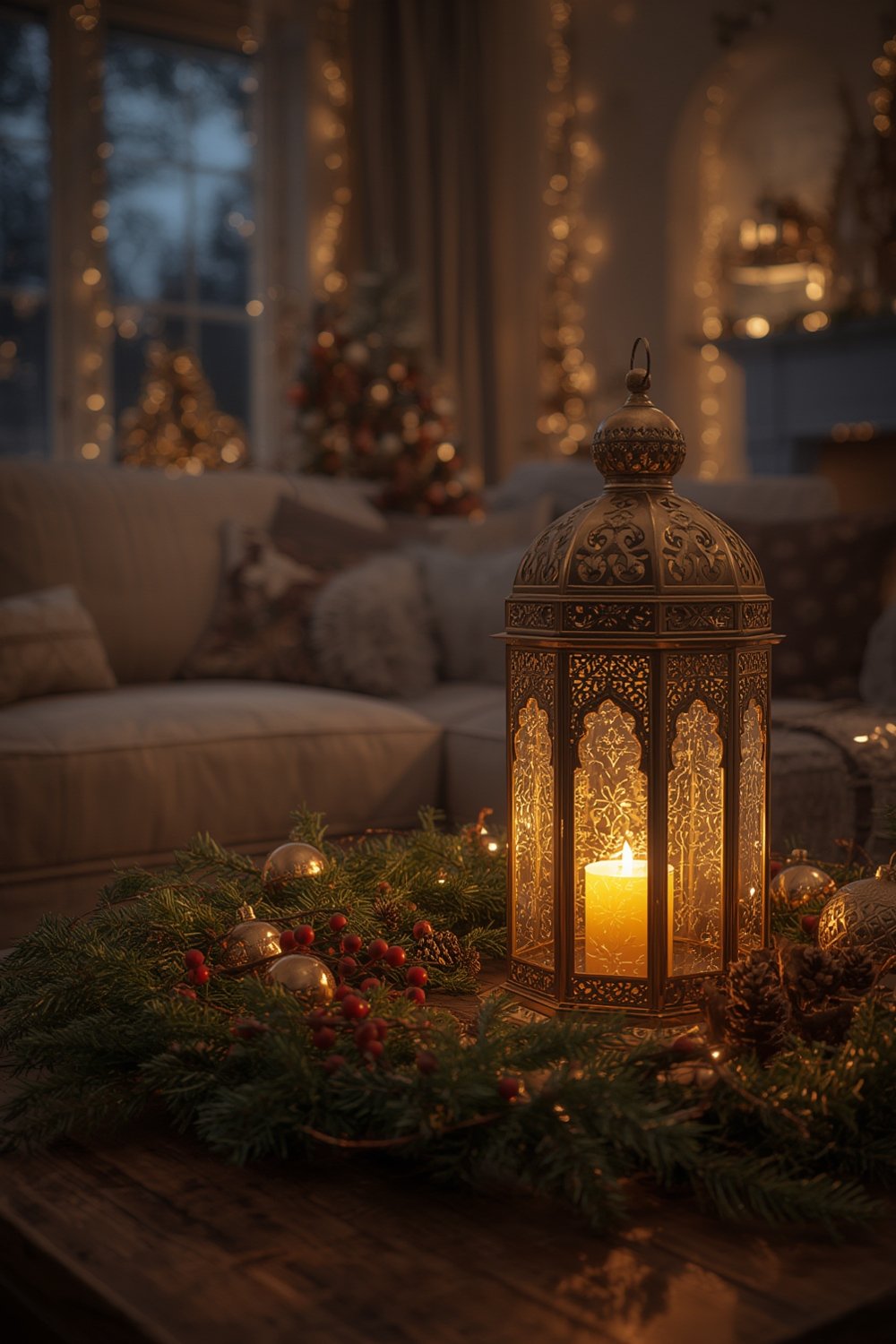 Christmas Lantern displayed as a holiday tabletop centerpiece