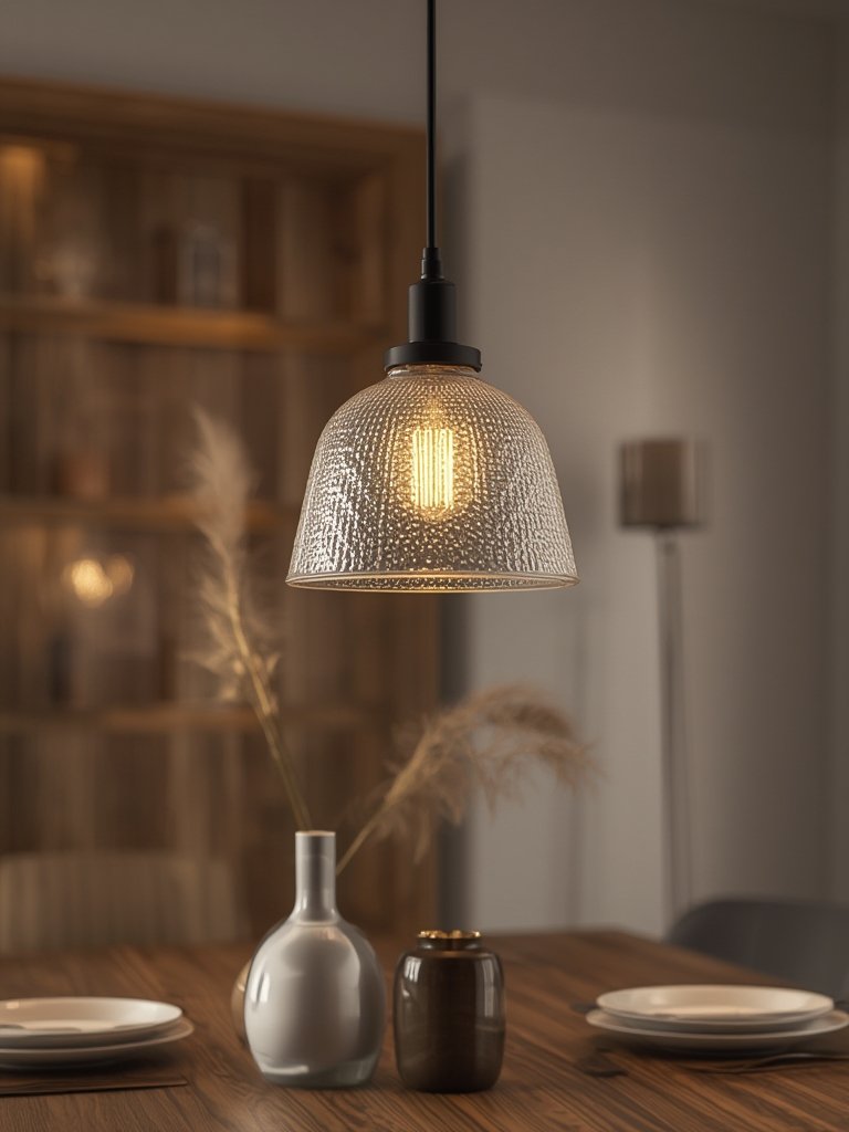 barnwood lighting detail on mini pendant with clear textured glass shade