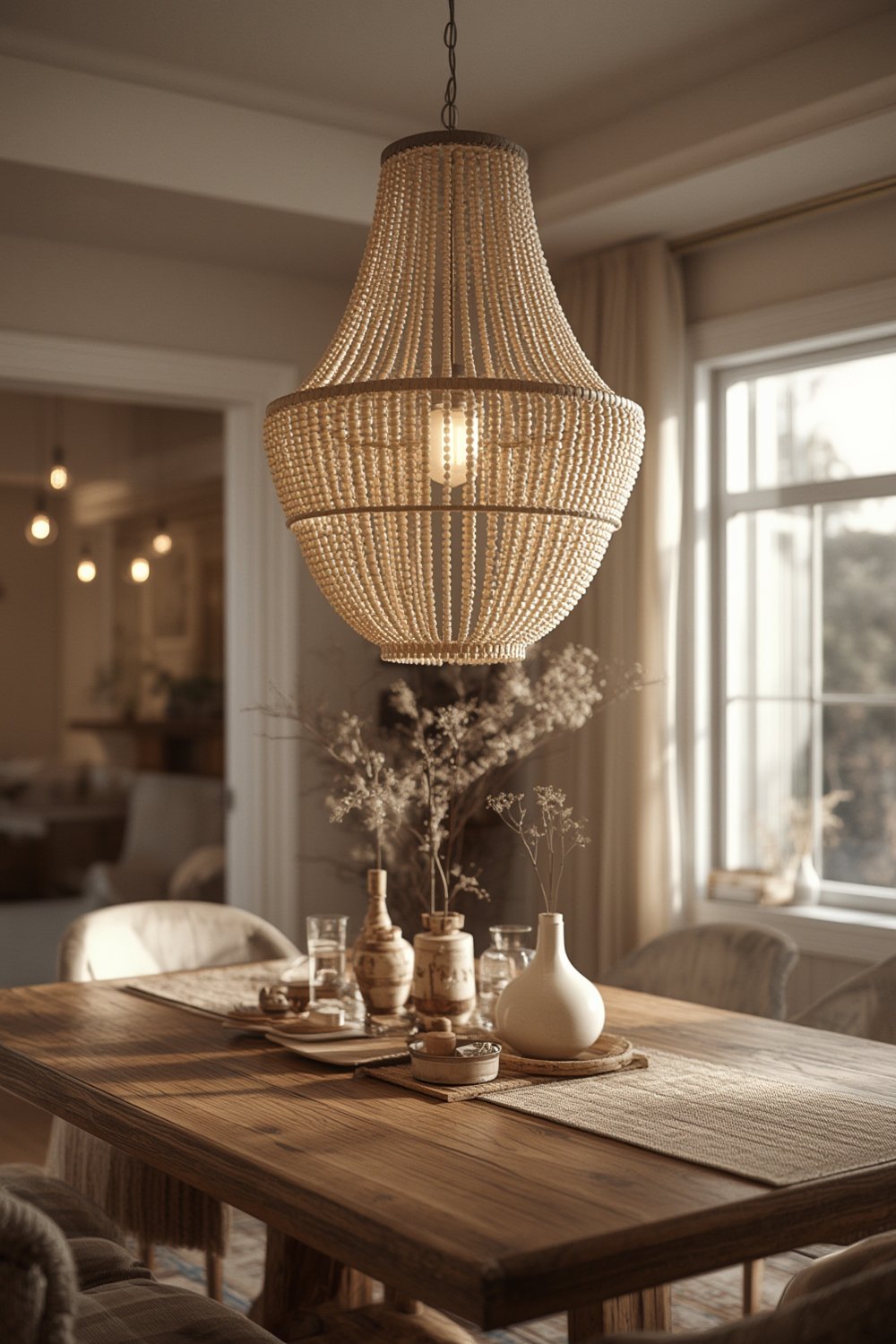 beaded chandelier above modern dining table