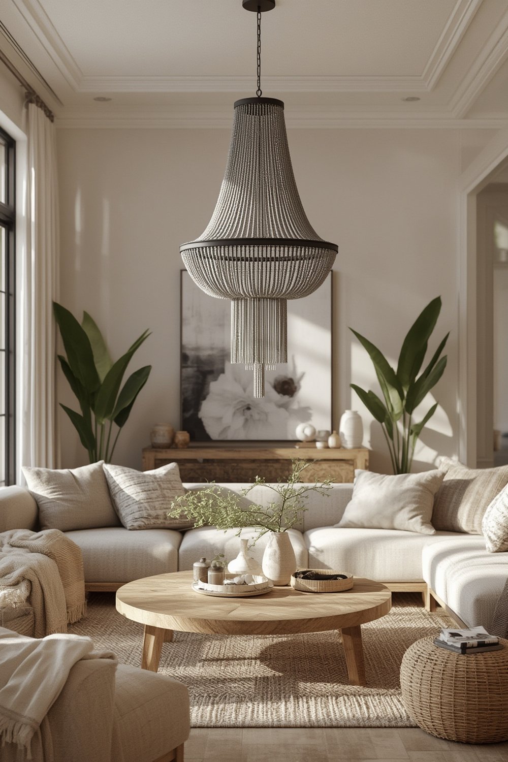 boho chandelier in modern farmhouse dining room