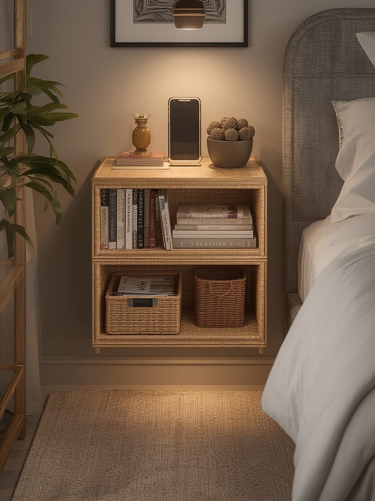 Rattan Nightstand: 7 Ultimate Steps For An Amazing Bedroom Upgrade 2 floating nightstand with books and accessories mounted on bedroom wall