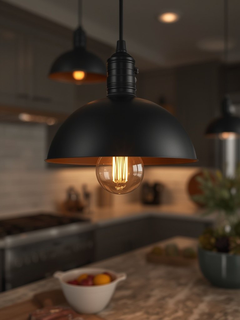 pendant light above kitchen island with matte black fixture and E26 base socket