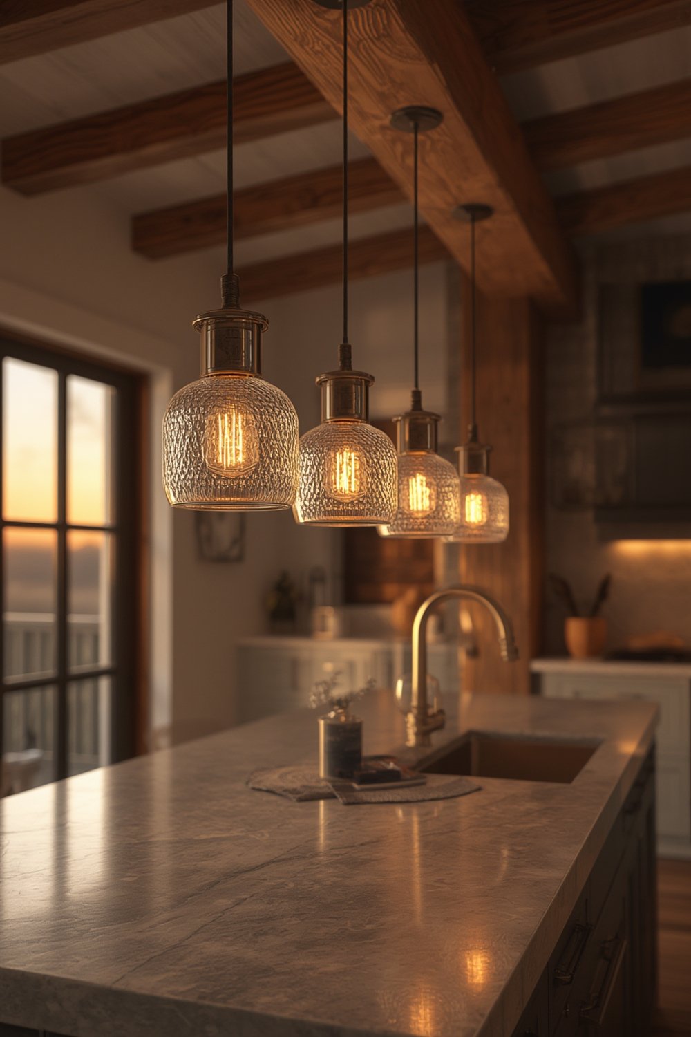 mini pendant with barnwood finish and clear textured glass in modern kitchen