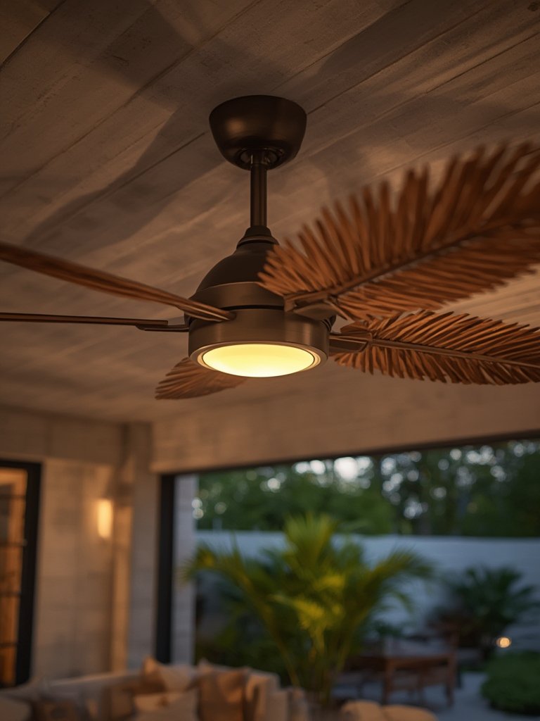 outdoor ceiling tropical fan view from below with weather resistant blades