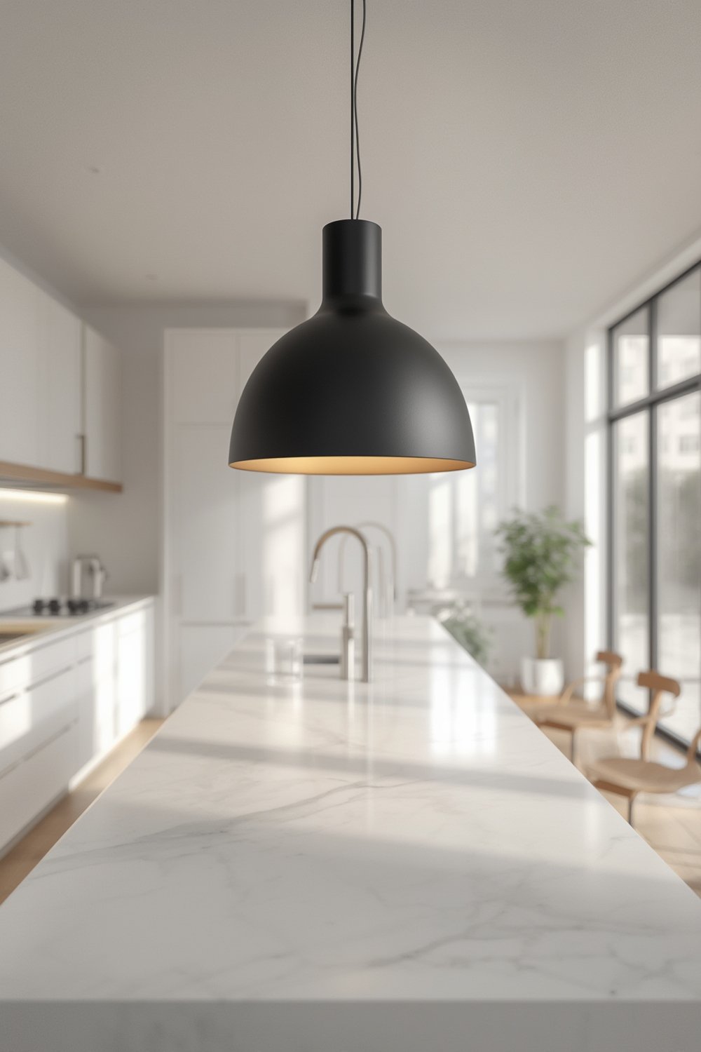 pendant light in modern kitchen with black fixture and woven fabric cord