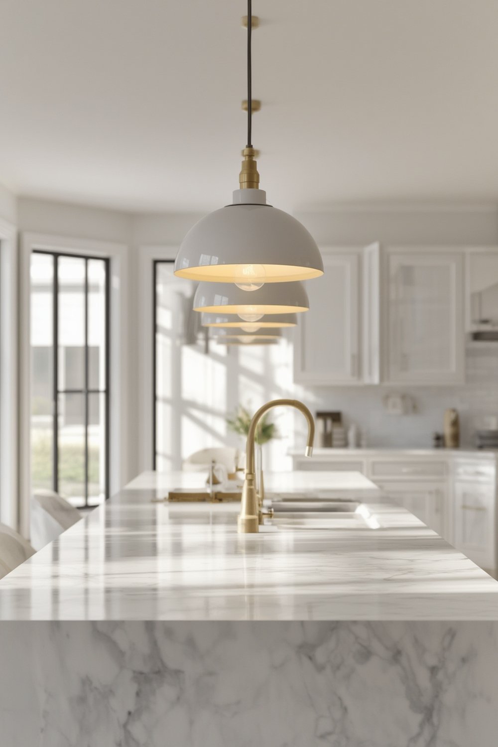 Pendant Light: 7 Ultimate Steps for an Amazing Kitchen Upgrade 1 pendant light in kitchen setting - JONATHAN Y 10-inch Brass Gold/White Modern Industrial Iron LED Dome Pendant Light above island