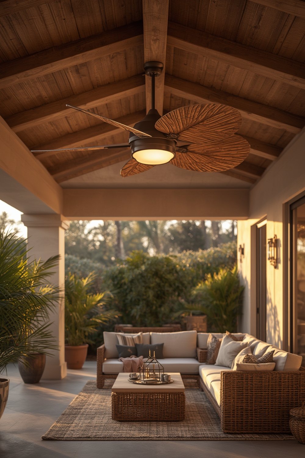 tropical fan installed on patio with palm leaf blades and LED light