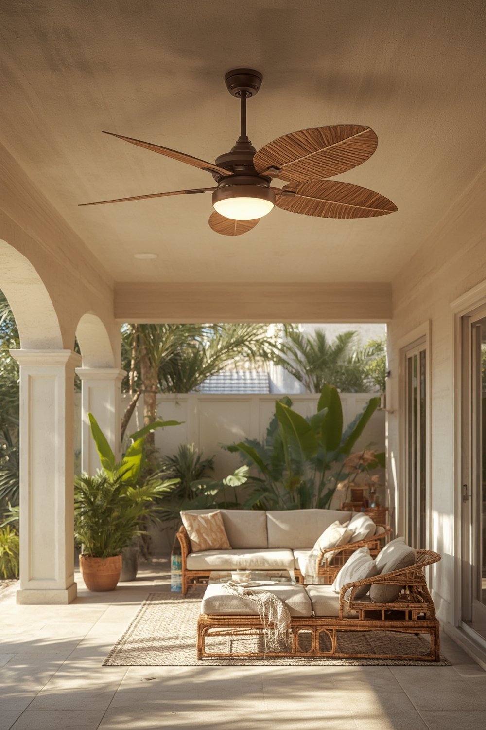 tropical fan in outdoor setting with palm leaf blades and LED light