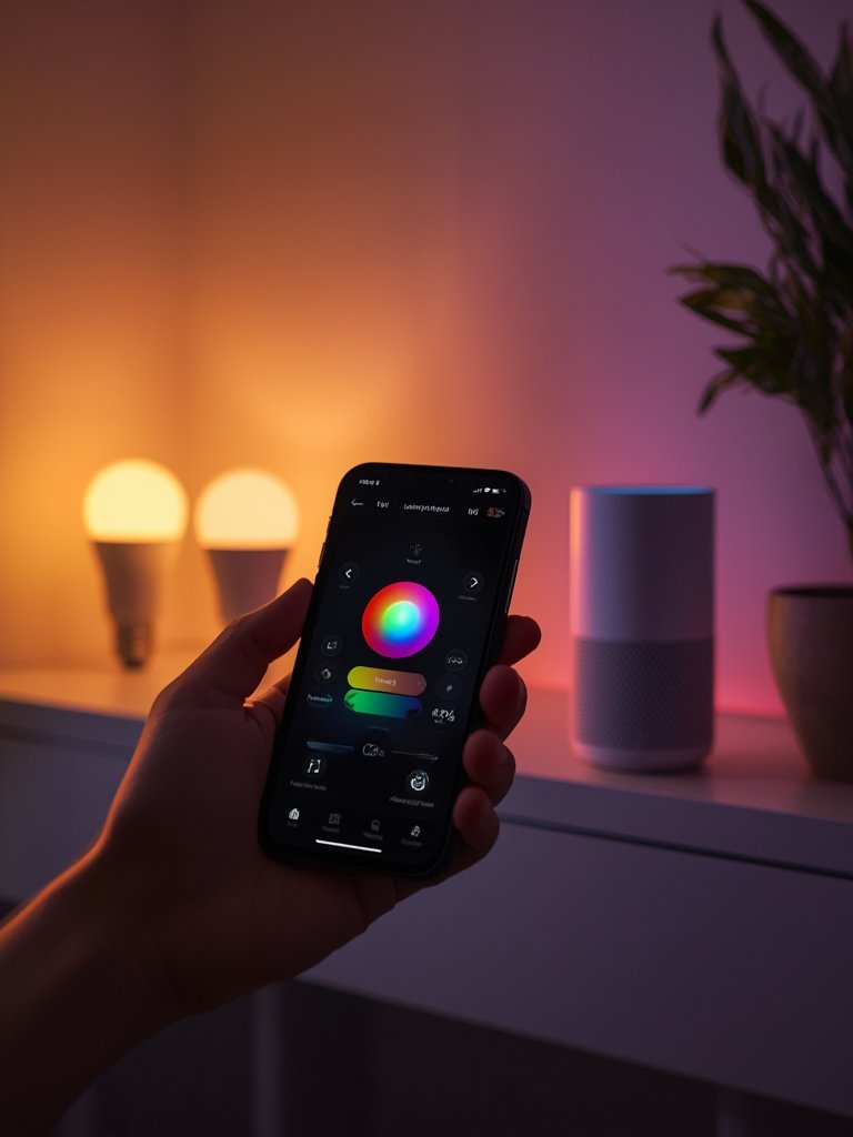 Smart Bulbs: 5 Essential Steps for Easy Home Lighting in 2026 2 WiFi light bulbs in a living room controlled via a smartphone app
